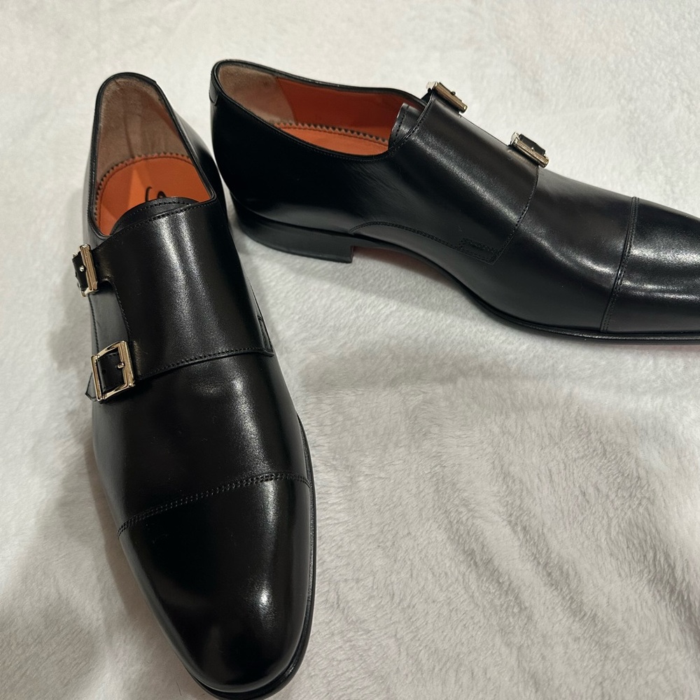 Santoni Black Double Monk Strap Leather Dress Shoes - Men